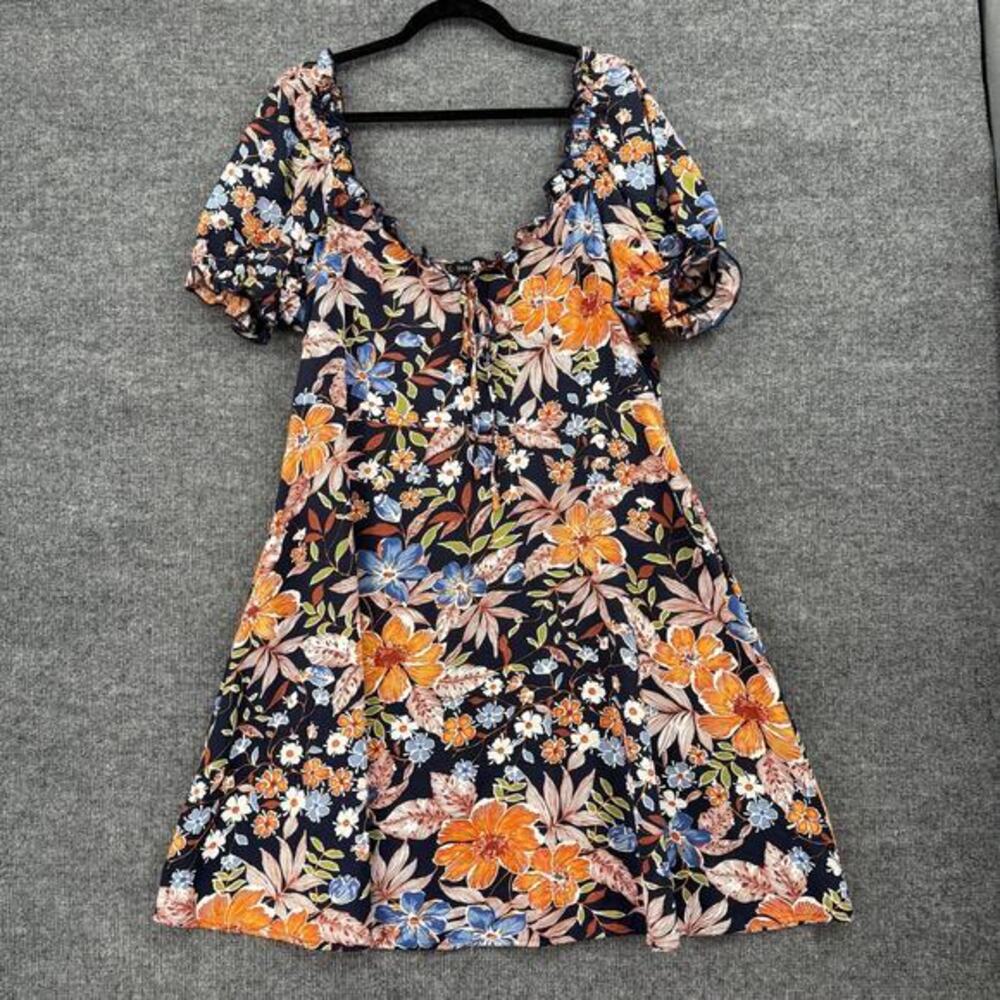Shein Floral Babydoll Dress Womens 2XL Navy Puff Sleeve Ruffle Milkmaid Coquette